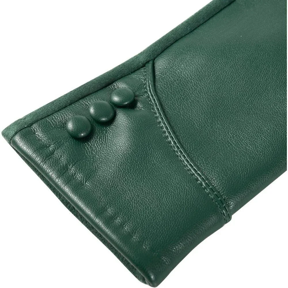 Women's Green Winter Leather Suede Gloves Wool Lined Windproof Touchscreen